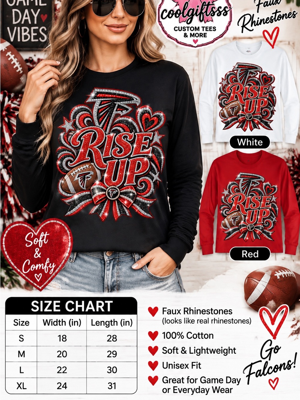 Custom Game Day Faux Rhinestone Long Sleeve Tee  S M L XL NEW